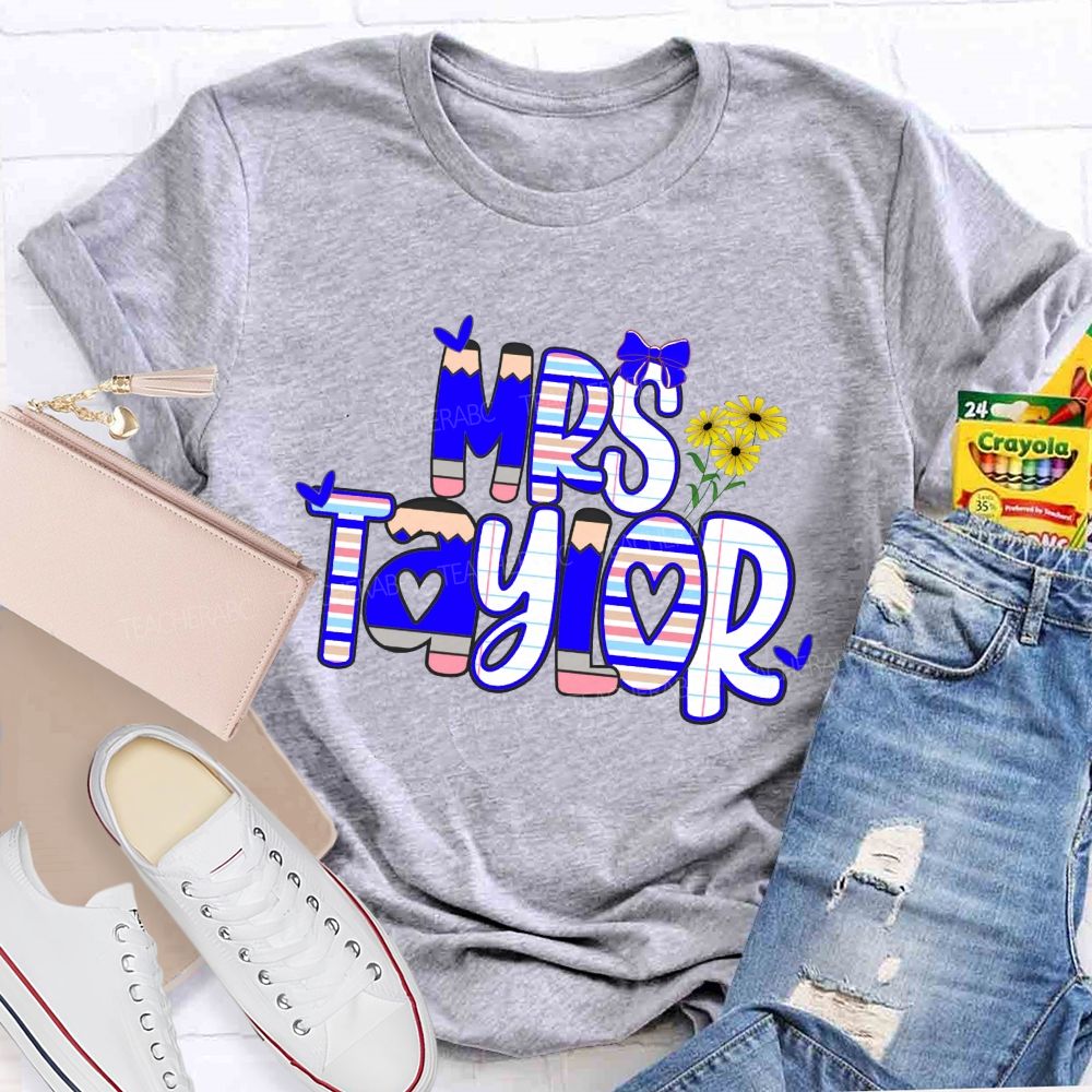 Personalized Name Bright Strip Heart Teacher T-Shirt