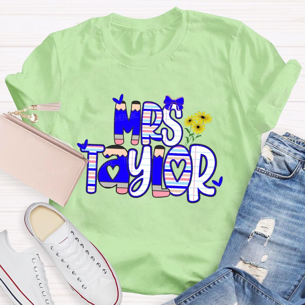 Personalized Name Bright Strip Heart Teacher T-Shirt