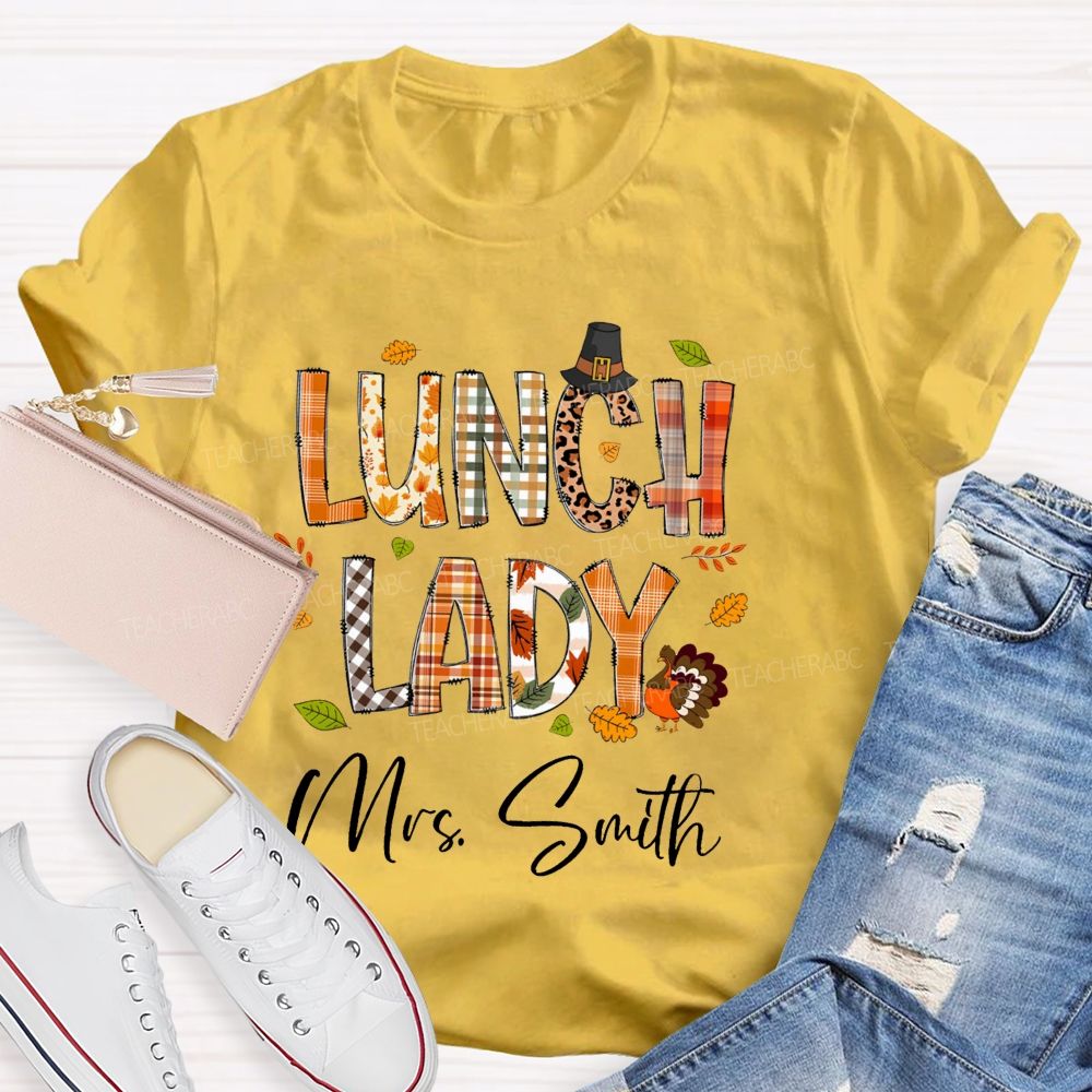 Personalized Name Lunch Lady Leopard Fall Season Teacher T-Shirt