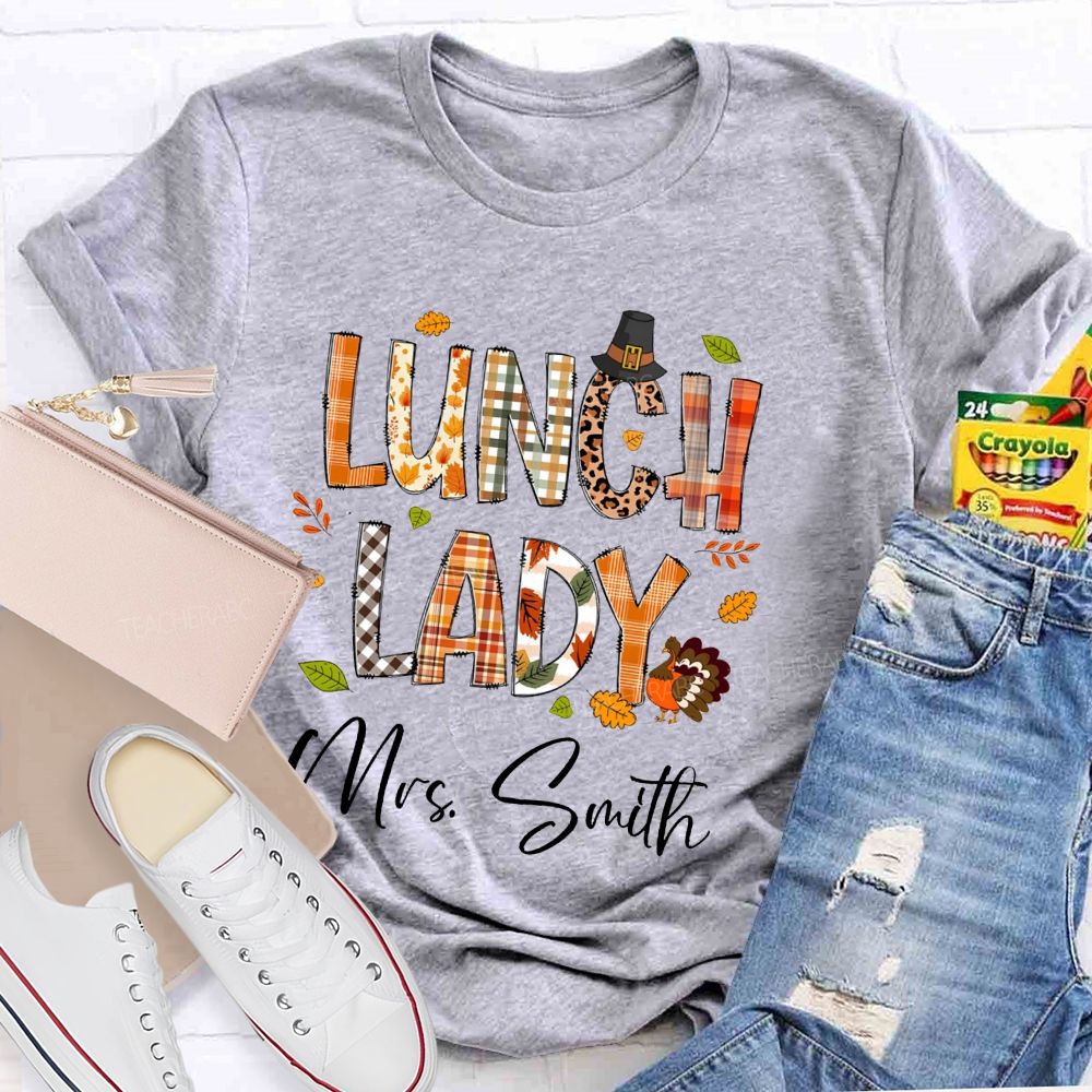 Personalized Name Lunch Lady Leopard Fall Season Teacher T-Shirt