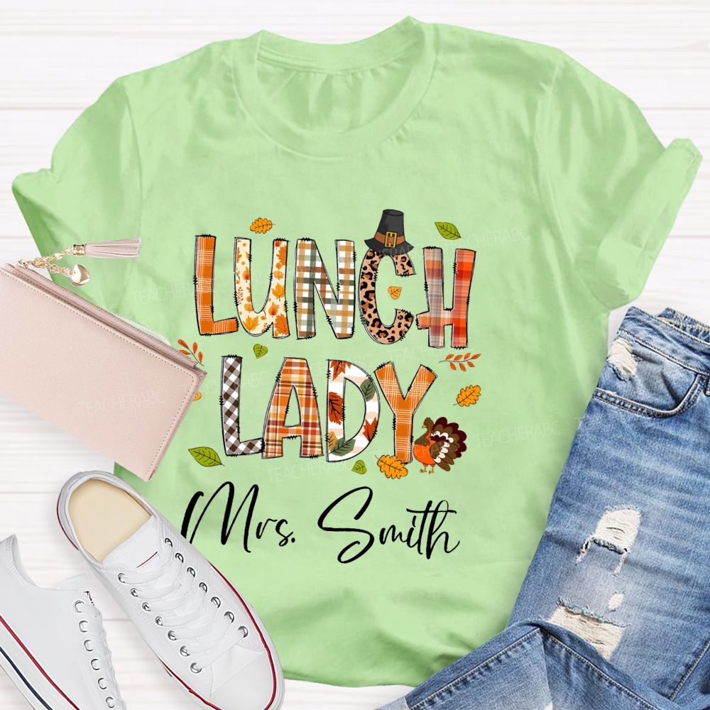 Personalized Name Lunch Lady Leopard Fall Season Teacher T-Shirt