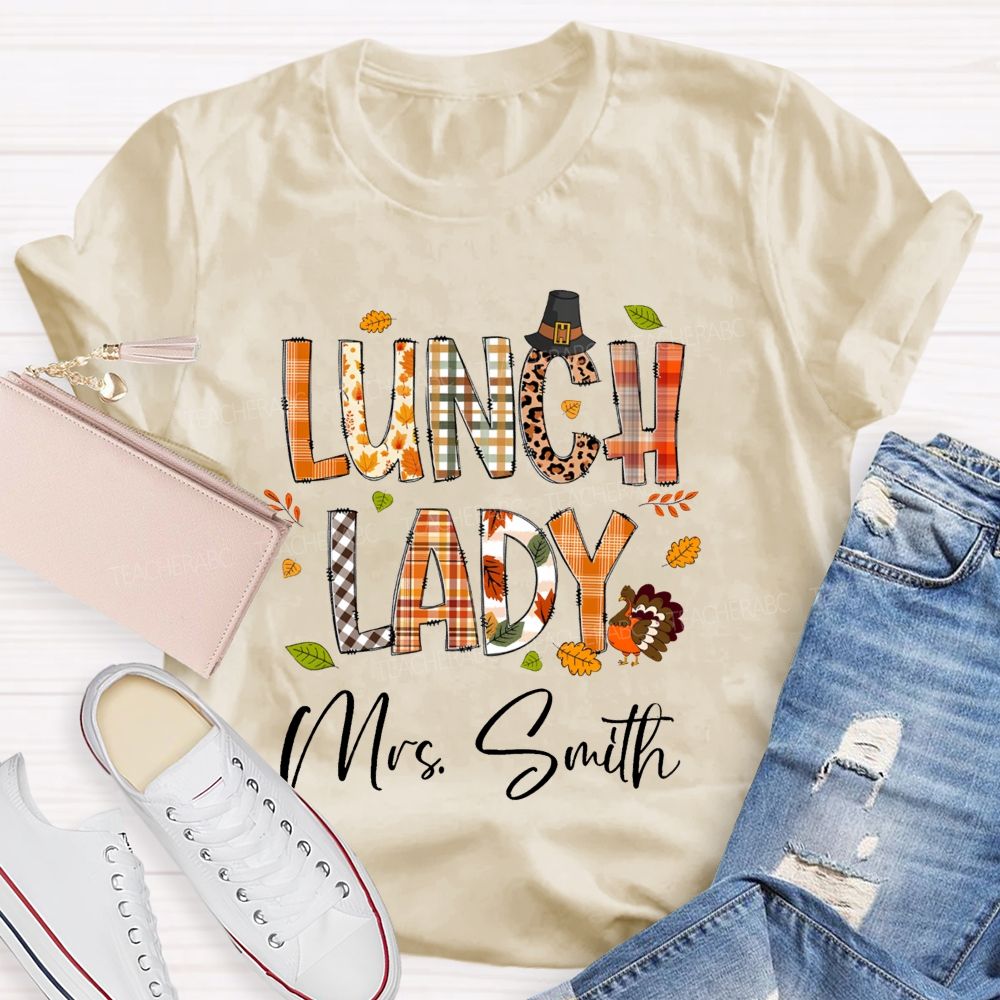 Personalized Name Lunch Lady Leopard Fall Season Teacher T-Shirt