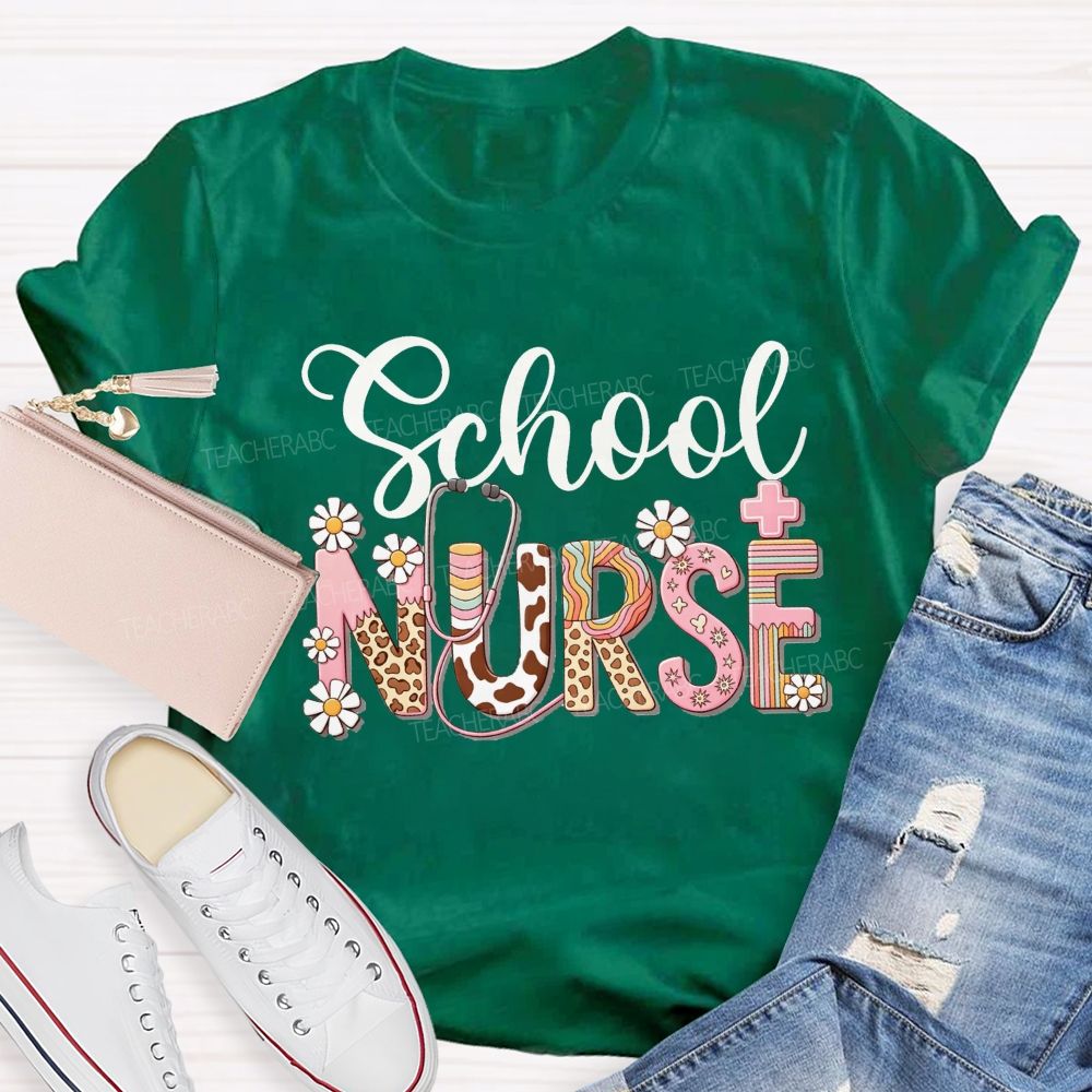 School Nurse Leopard Daisy Stethoscope T-shirt