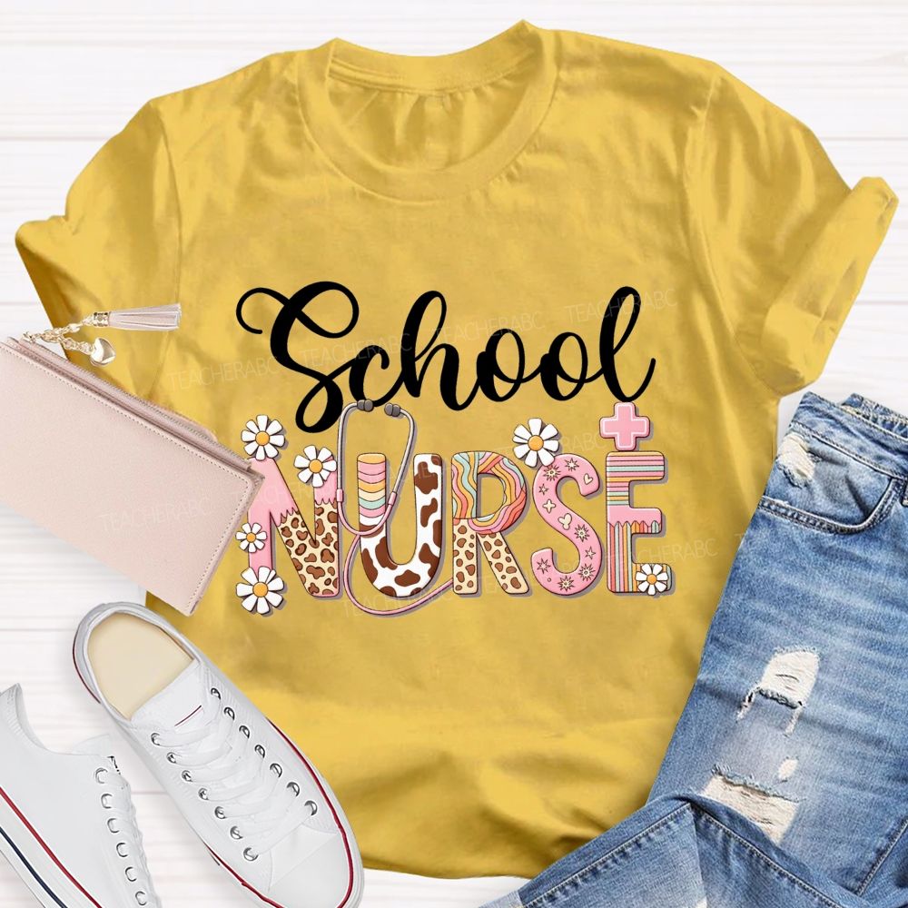 School Nurse Leopard Daisy Stethoscope T-shirt