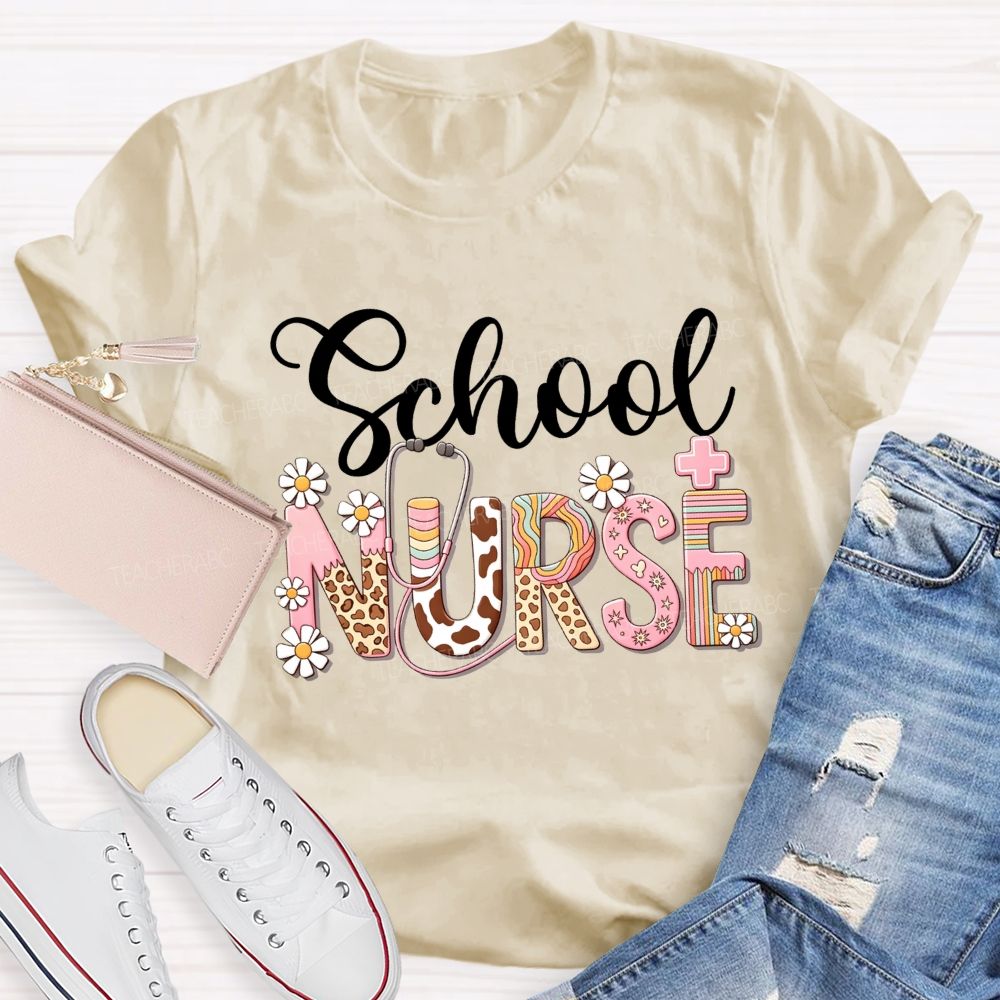 School Nurse Leopard Daisy Stethoscope T-shirt