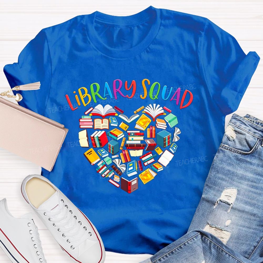 Library Squad Heart Shaped Books Teacher T-shirt