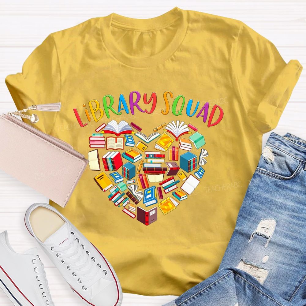 Library Squad Heart Shaped Books Teacher T-shirt