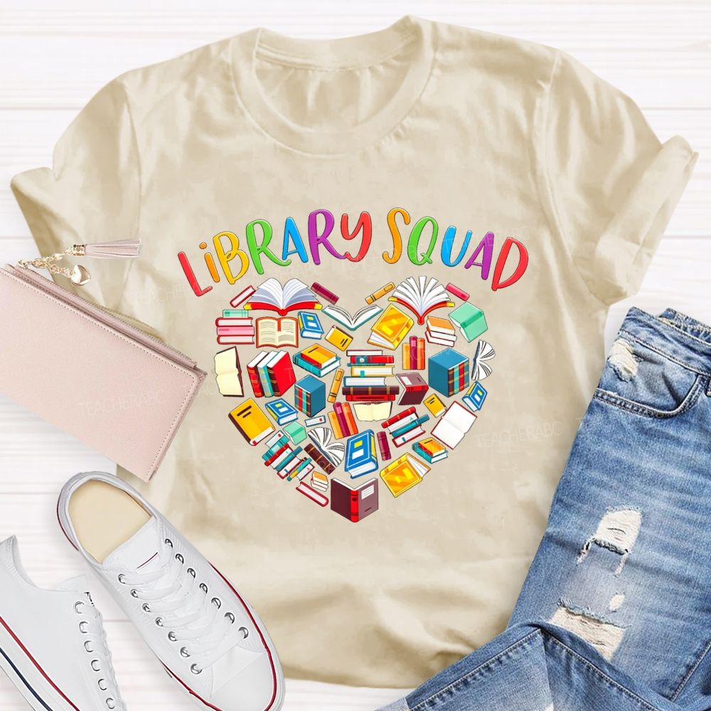 Library Squad Heart Shaped Books Teacher T-shirt
