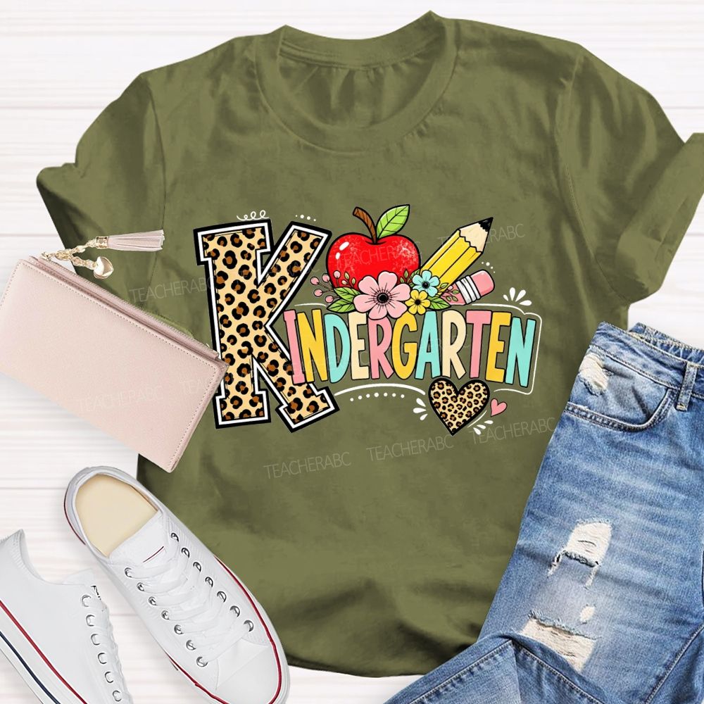 Personalized Grade Kindergarten Leopard Print And Apple Flower Teacher T-shirt