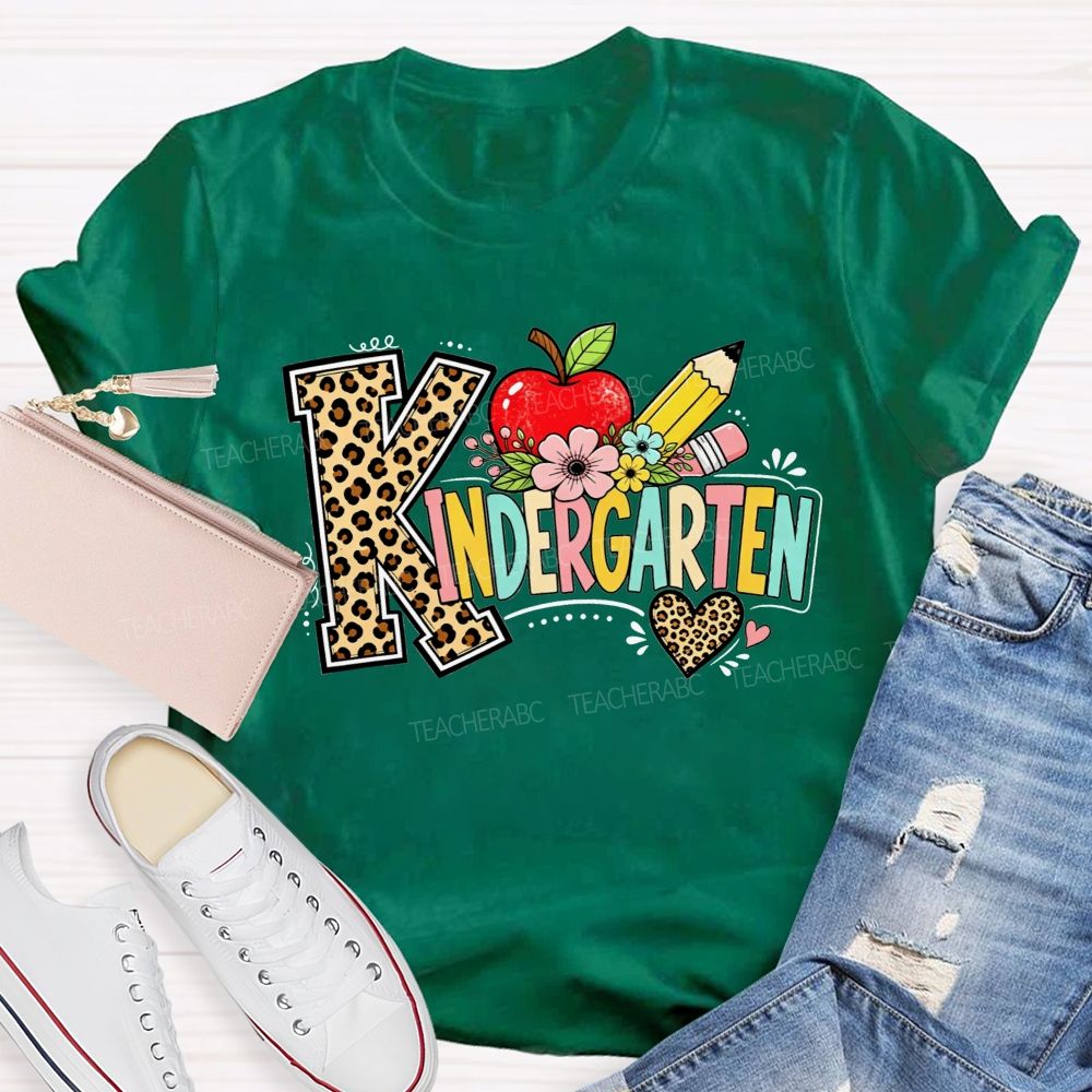 Personalized Grade Kindergarten Leopard Print And Apple Flower Teacher T-shirt