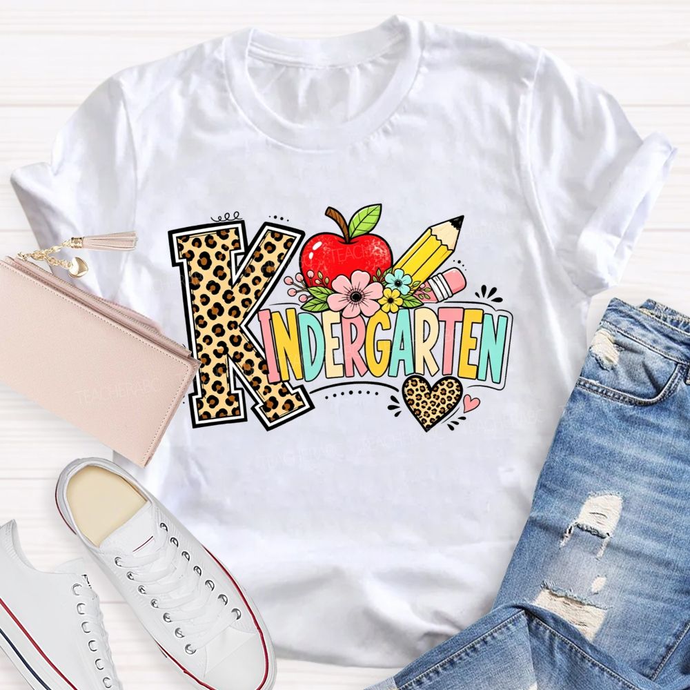 Personalized Grade Kindergarten Leopard Print And Apple Flower Teacher T-shirt