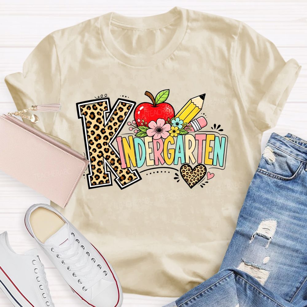 Personalized Grade Kindergarten Leopard Print And Apple Flower Teacher T-shirt
