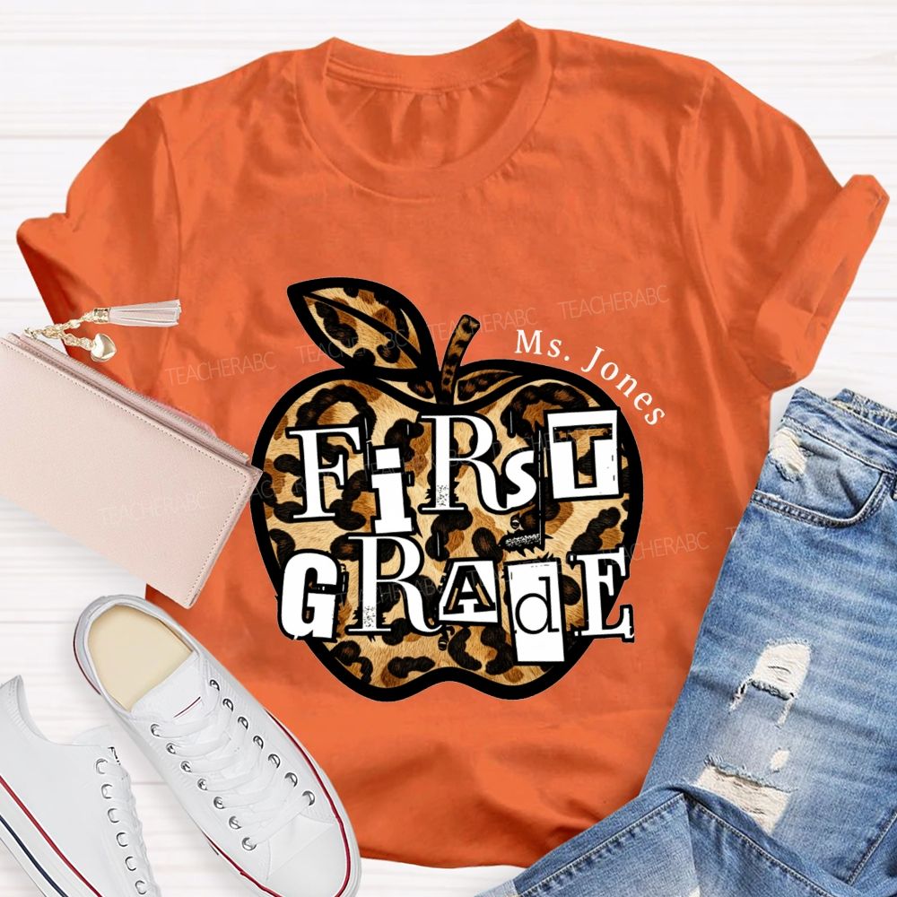 Personalized Name And Grade Teacher Leopard Apple Teacher T-shirt