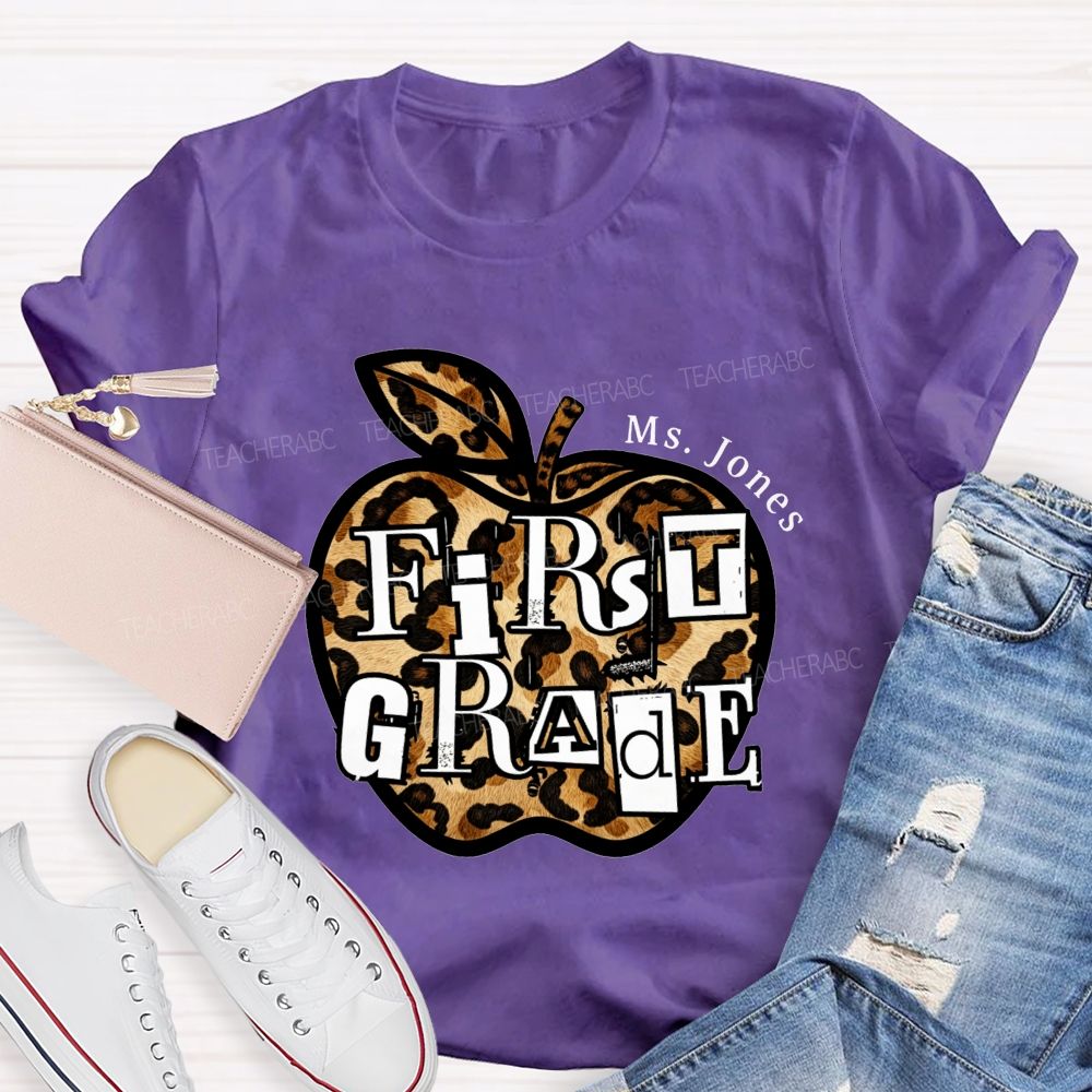 Personalized Name And Grade Teacher Leopard Apple Teacher T-shirt