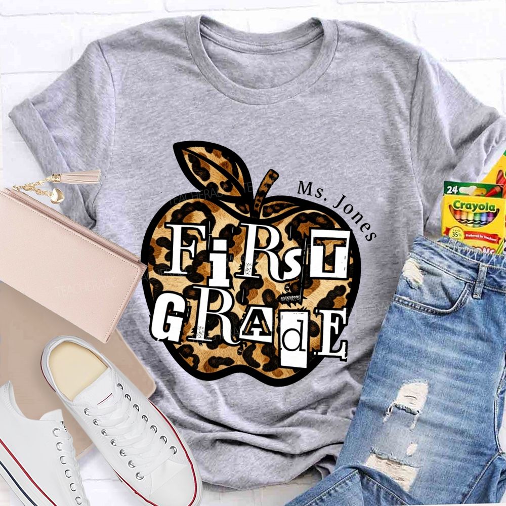 Personalized Name And Grade Teacher Leopard Apple Teacher T-shirt