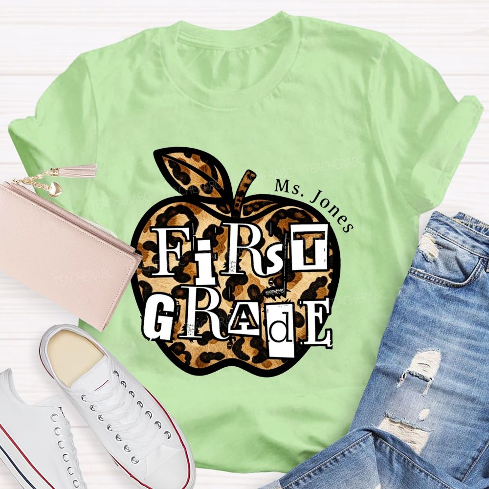 Personalized Name And Grade Teacher Leopard Apple Teacher T-shirt