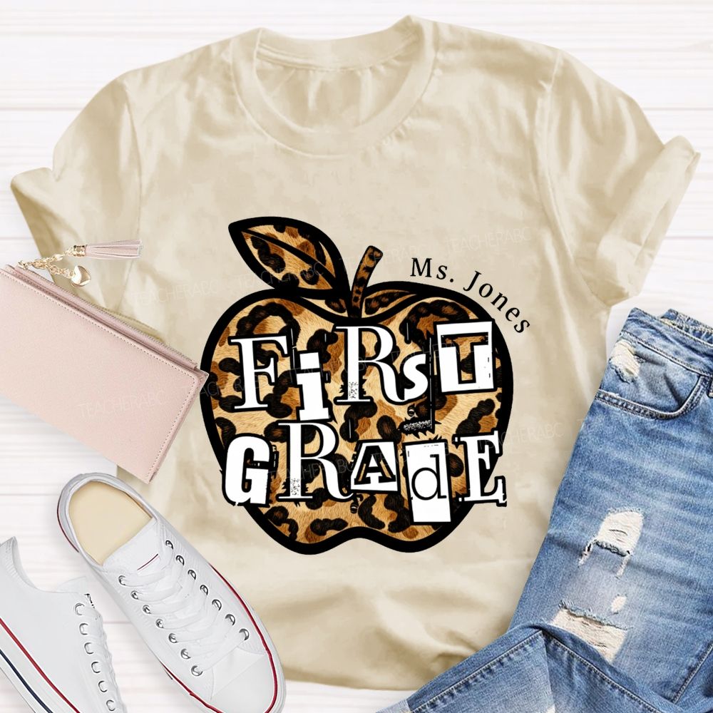 Personalized Name And Grade Teacher Leopard Apple Teacher T-shirt