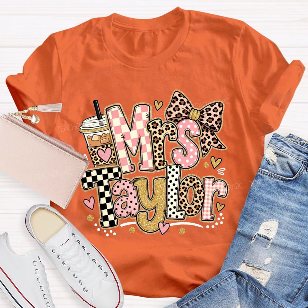 Personalized Name Teacher Pink Check Leopard Bow Iced Coffee Teacher T-shirt