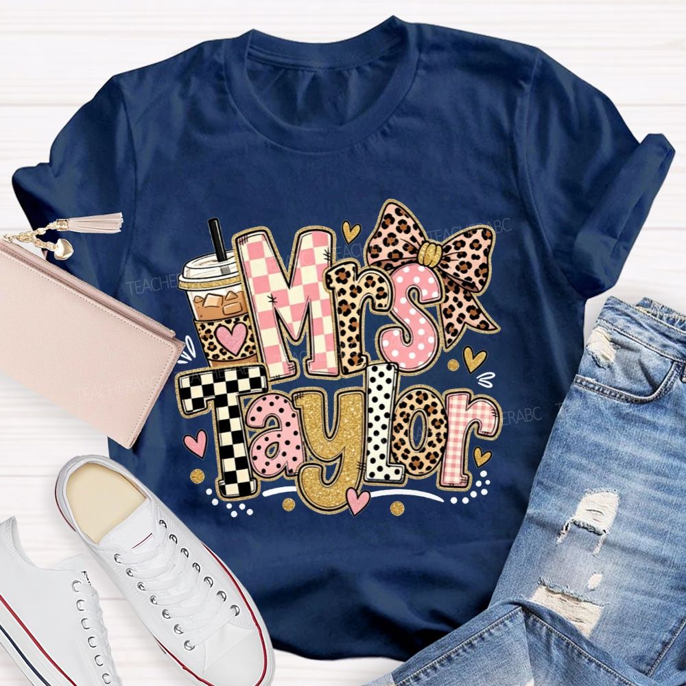 Personalized Name Teacher Pink Check Leopard Bow Iced Coffee Teacher T-shirt