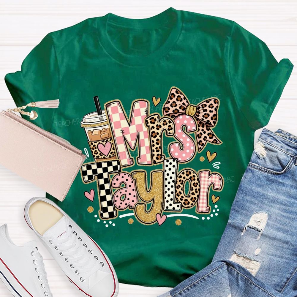 Personalized Name Teacher Pink Check Leopard Bow Iced Coffee Teacher T-shirt