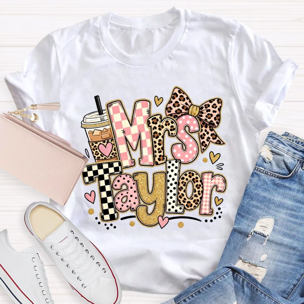 Personalized Name Teacher Pink Check Leopard Bow Iced Coffee Teacher T-shirt