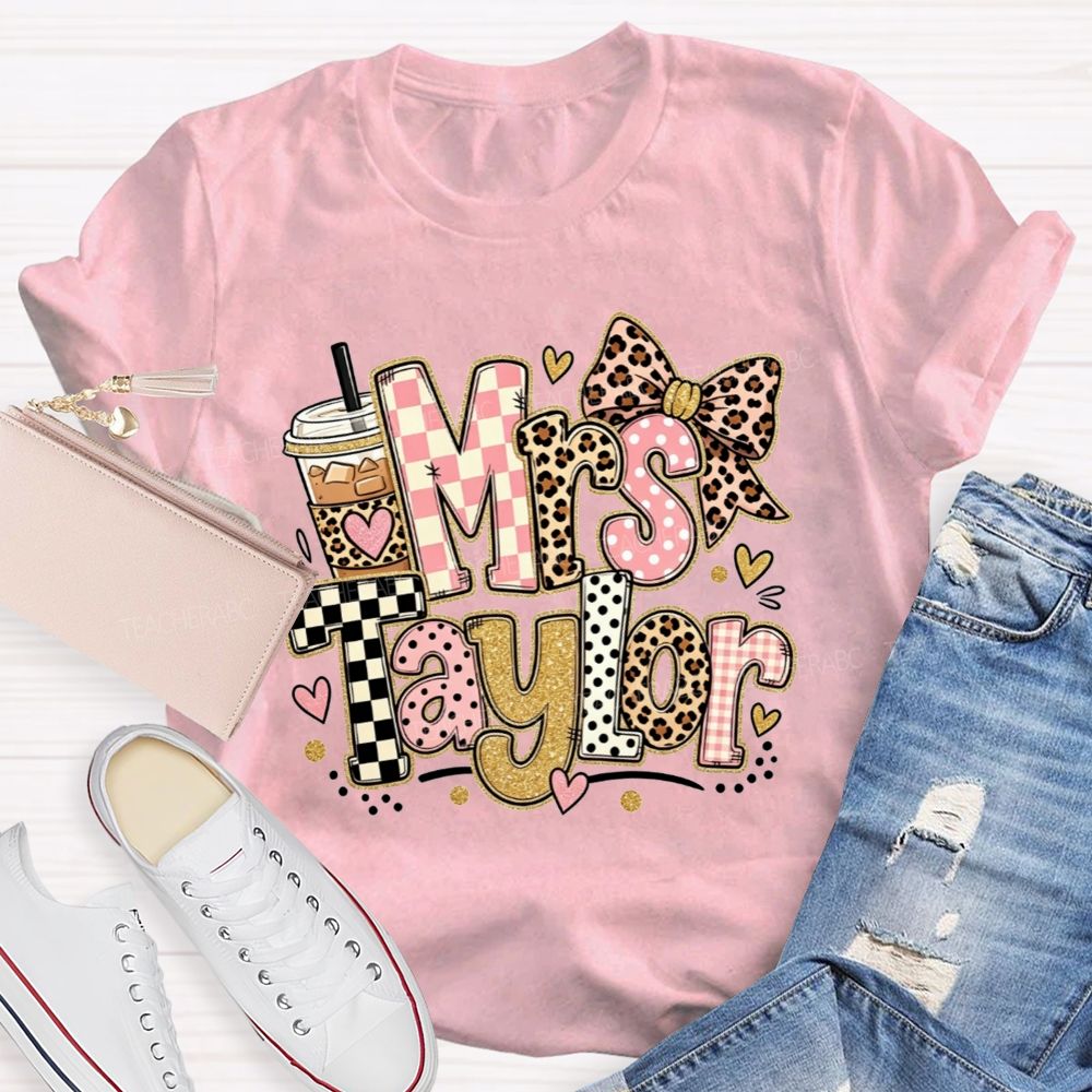 Personalized Name Teacher Pink Check Leopard Bow Iced Coffee Teacher T-shirt