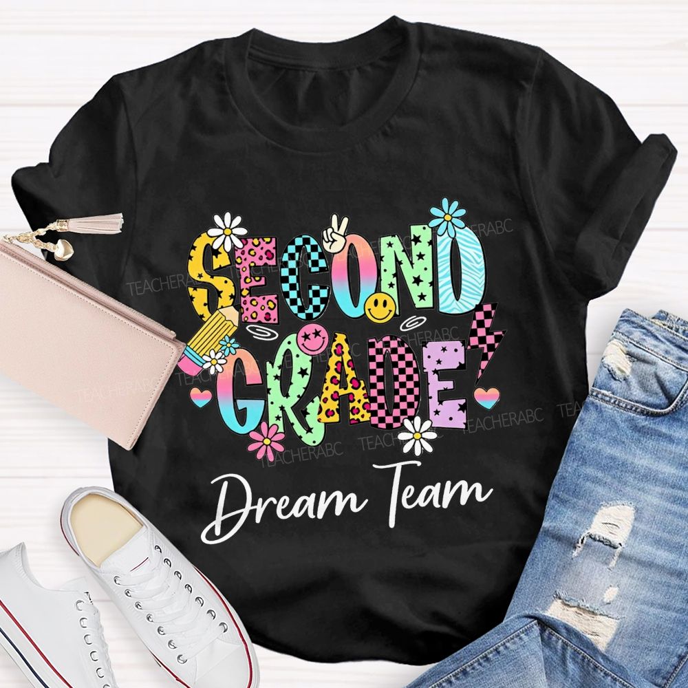 Personalized Grade Dream Team Daisy Smiley Face Second Grade Teacher T-shirt