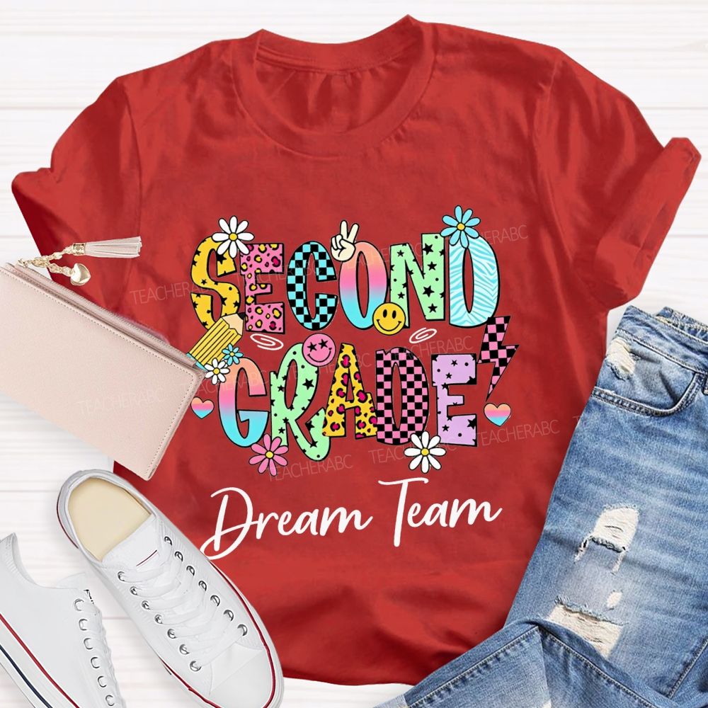 Personalized Grade Dream Team Daisy Smiley Face Second Grade Teacher T-shirt