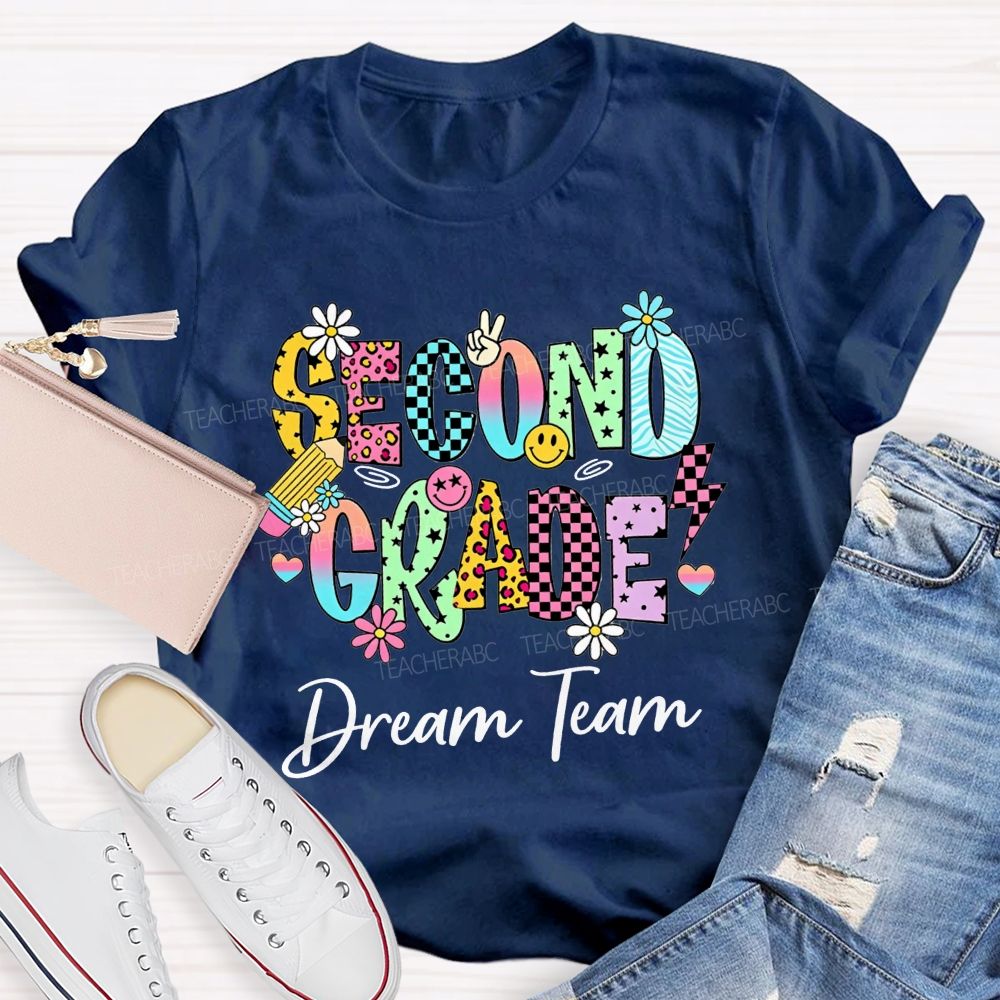 Personalized Grade Dream Team Daisy Smiley Face Second Grade Teacher T-shirt