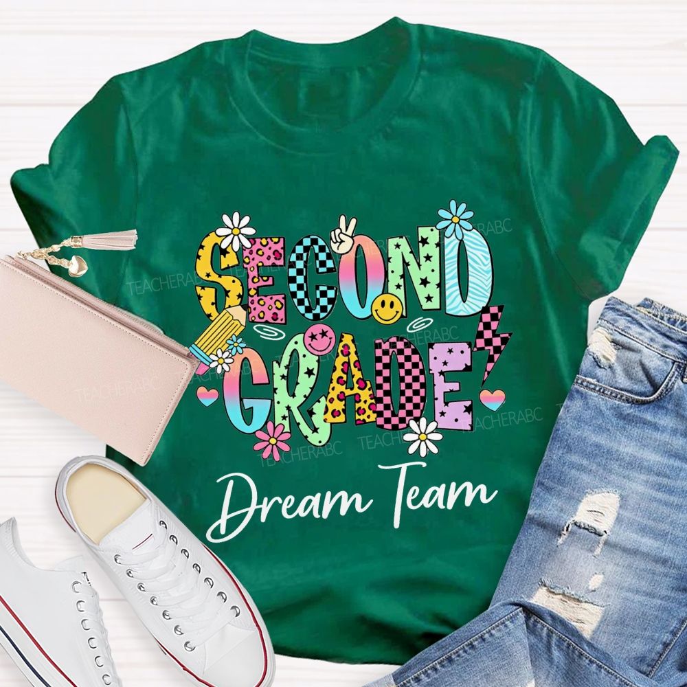 Personalized Grade Dream Team Daisy Smiley Face Second Grade Teacher T-shirt