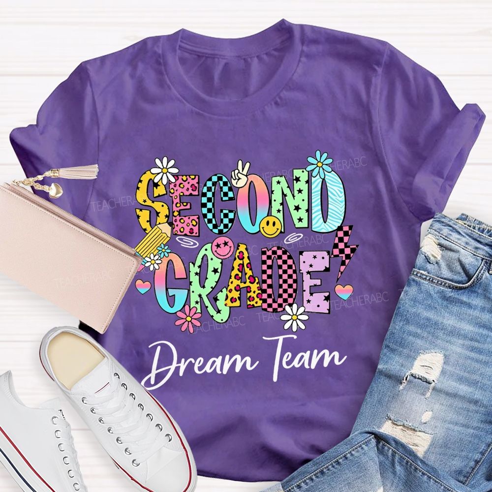 Personalized Grade Dream Team Daisy Smiley Face Second Grade Teacher T-shirt