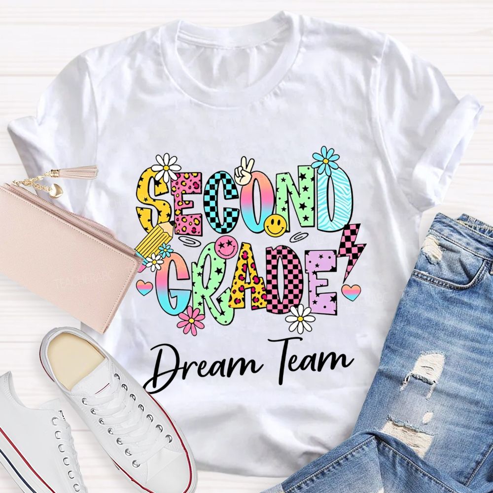 Personalized Grade Dream Team Daisy Smiley Face Second Grade Teacher T-shirt