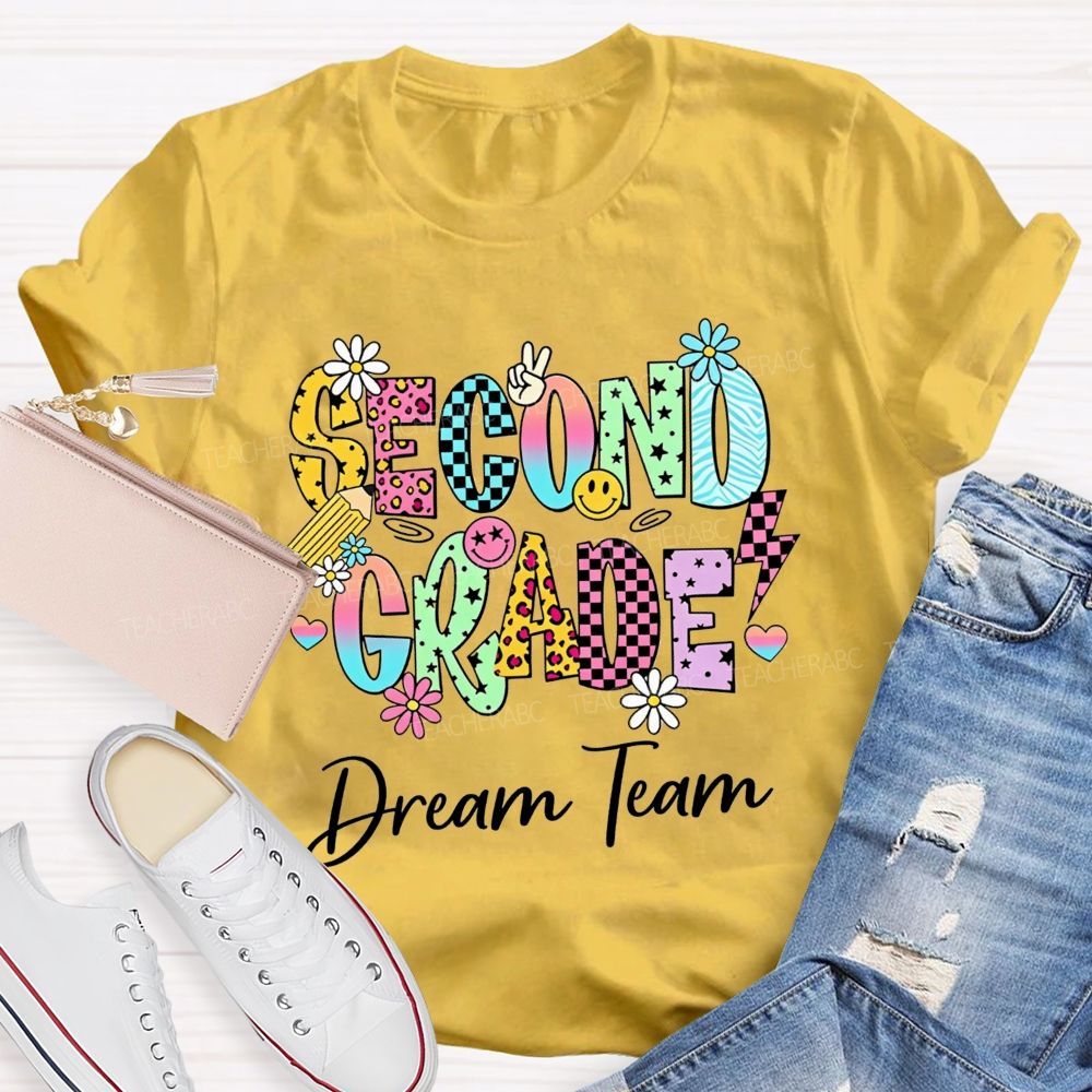 Personalized Grade Dream Team Daisy Smiley Face Second Grade Teacher T-shirt