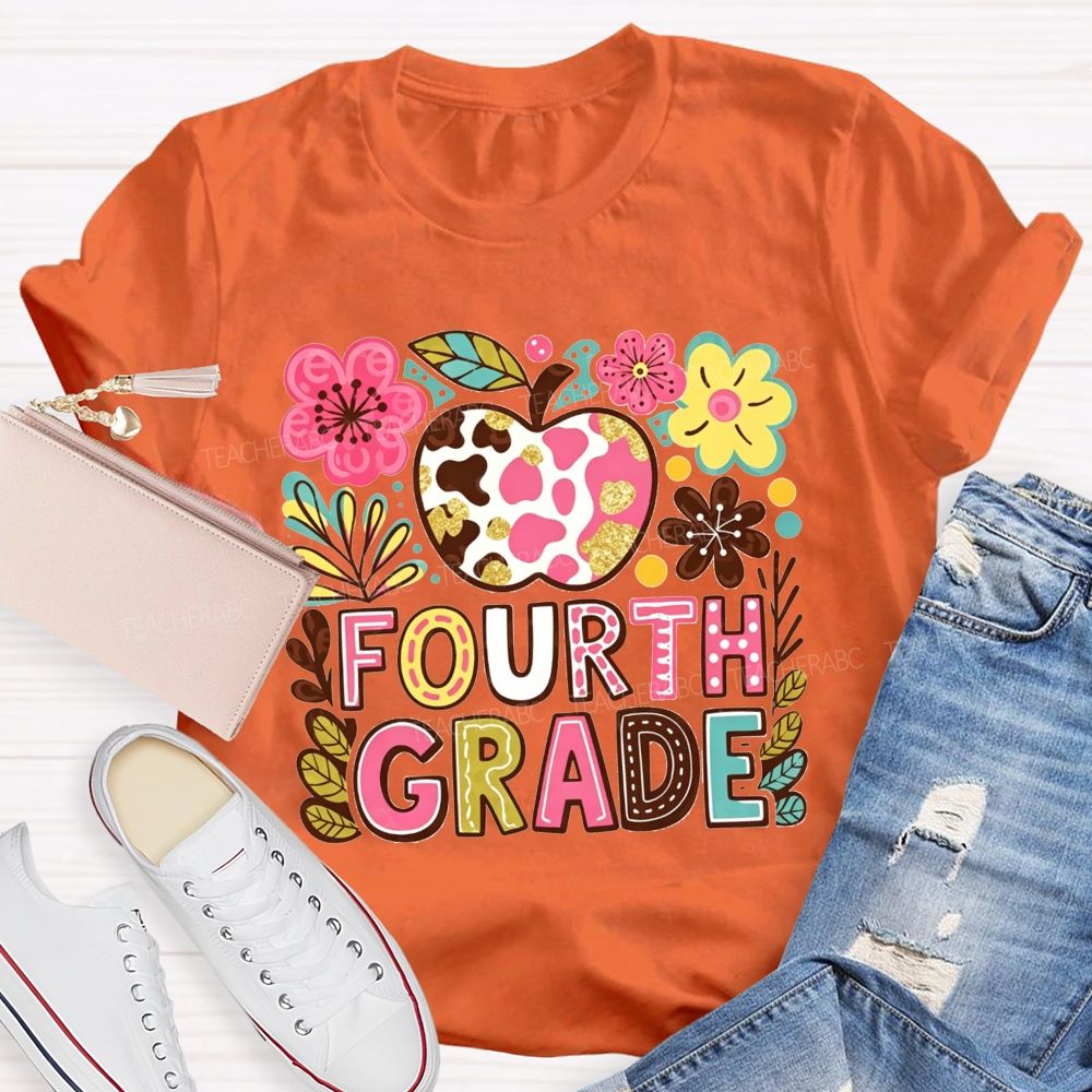 Personalized Grade Cow Print Apple Floral Fourth Grade Colorful Letter Teacher T-shirt