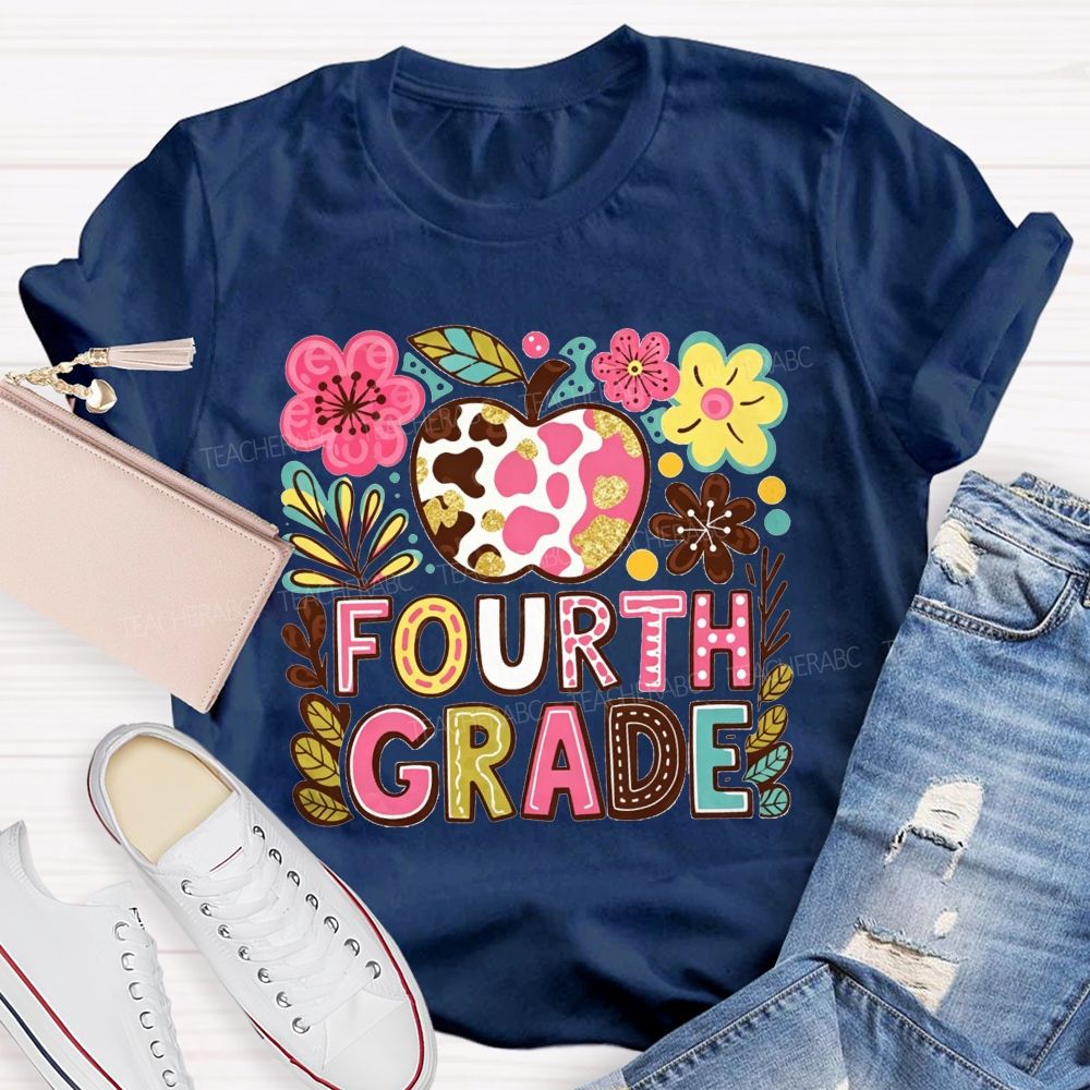 Personalized Grade Cow Print Apple Floral Fourth Grade Colorful Letter Teacher T-shirt