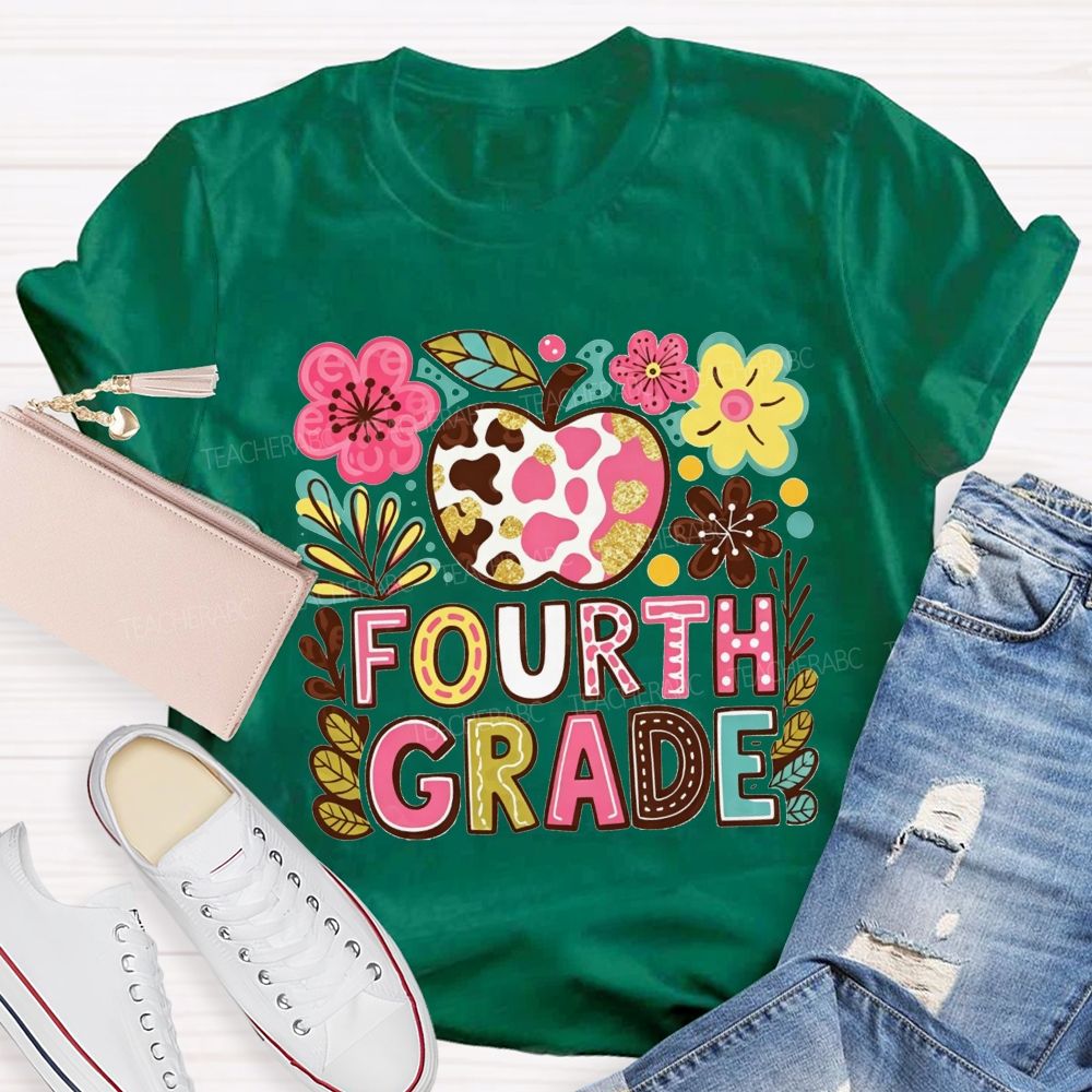 Personalized Grade Cow Print Apple Floral Fourth Grade Colorful Letter Teacher T-shirt