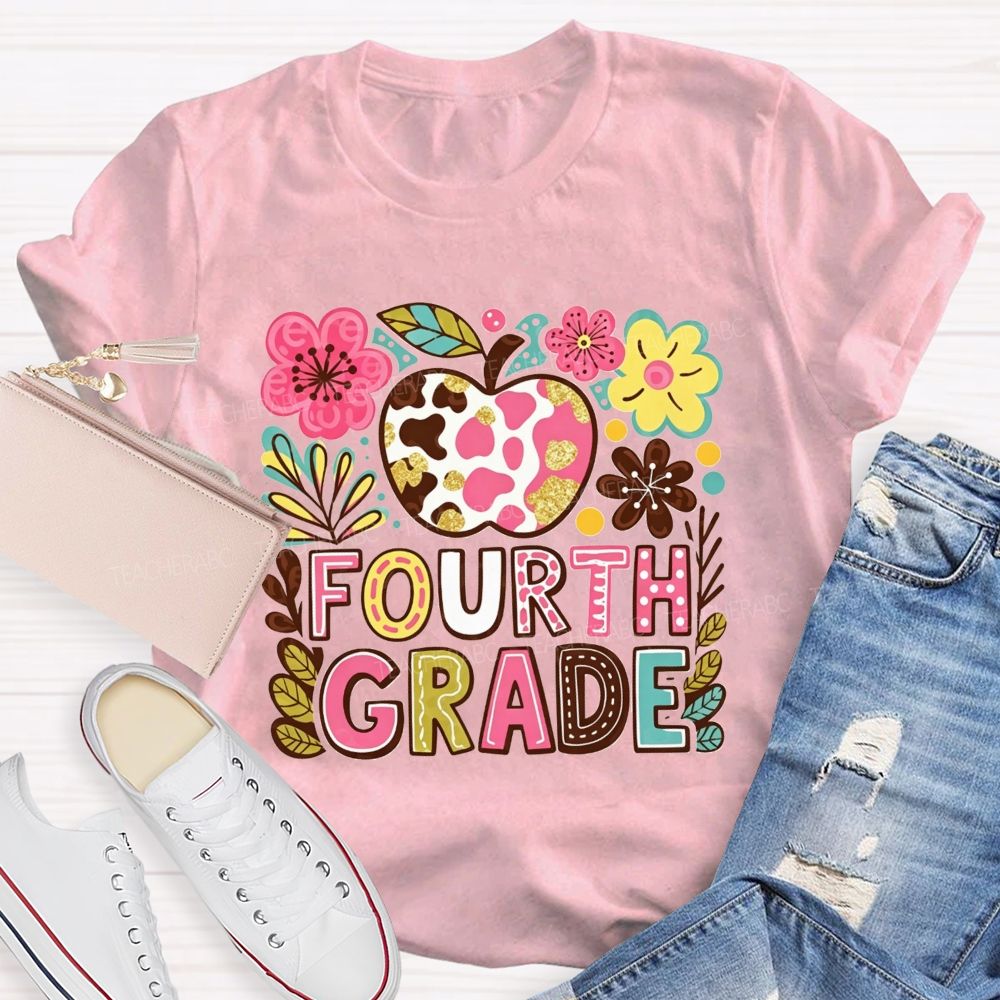 Personalized Grade Cow Print Apple Floral Fourth Grade Colorful Letter Teacher T-shirt