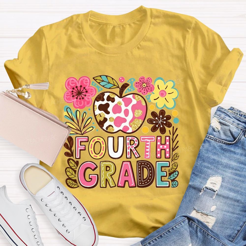 Personalized Grade Cow Print Apple Floral Fourth Grade Colorful Letter Teacher T-shirt