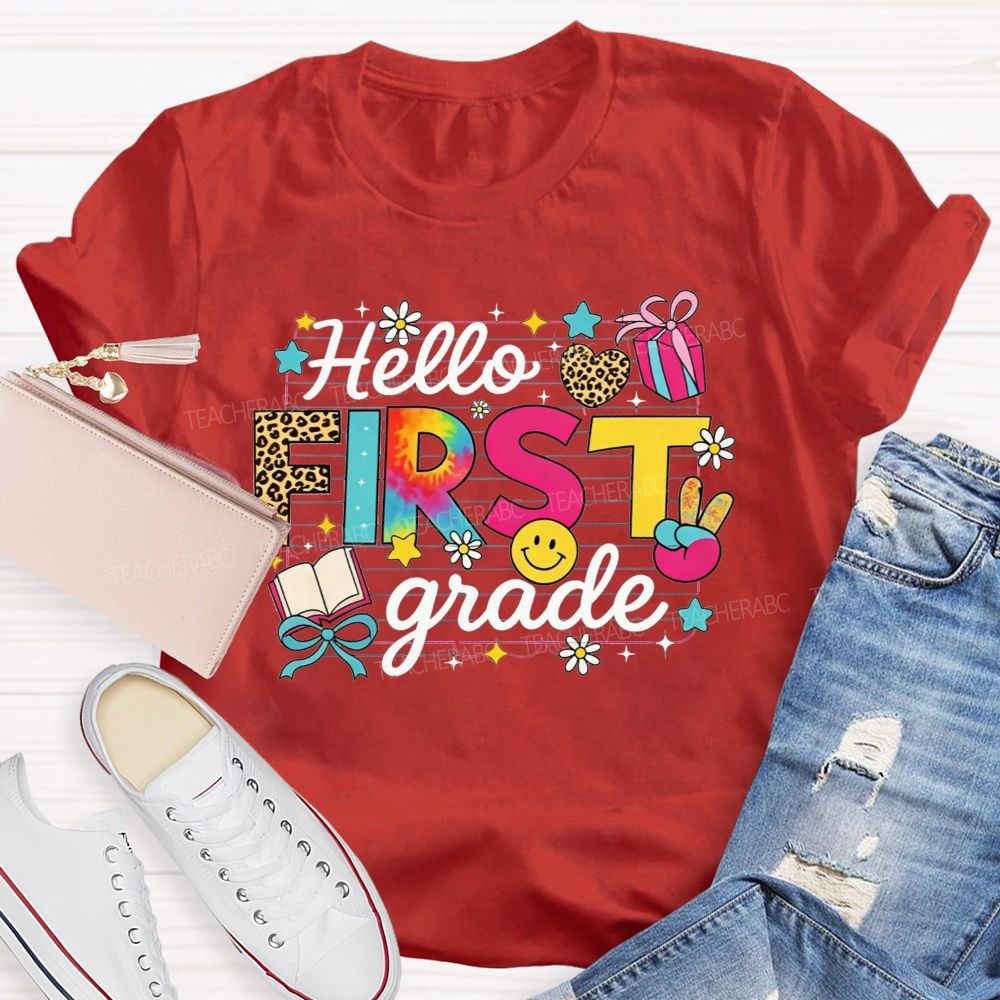 Personalized Grade Hello First Grade Tie Dye Leopard Daisy Notebook Paper Teacher T-shirt