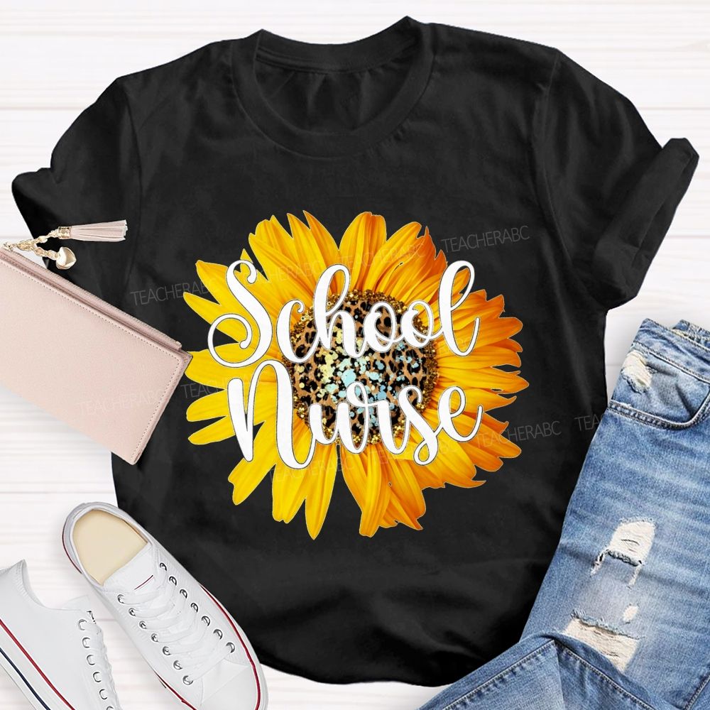 Sunflower Leopard Center School Nurse T-shirt