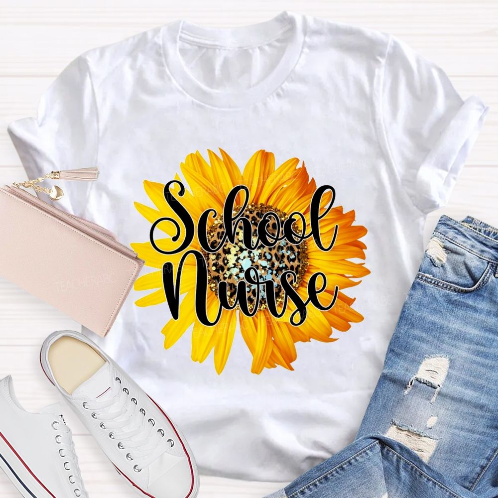 Sunflower Leopard Center School Nurse T-shirt