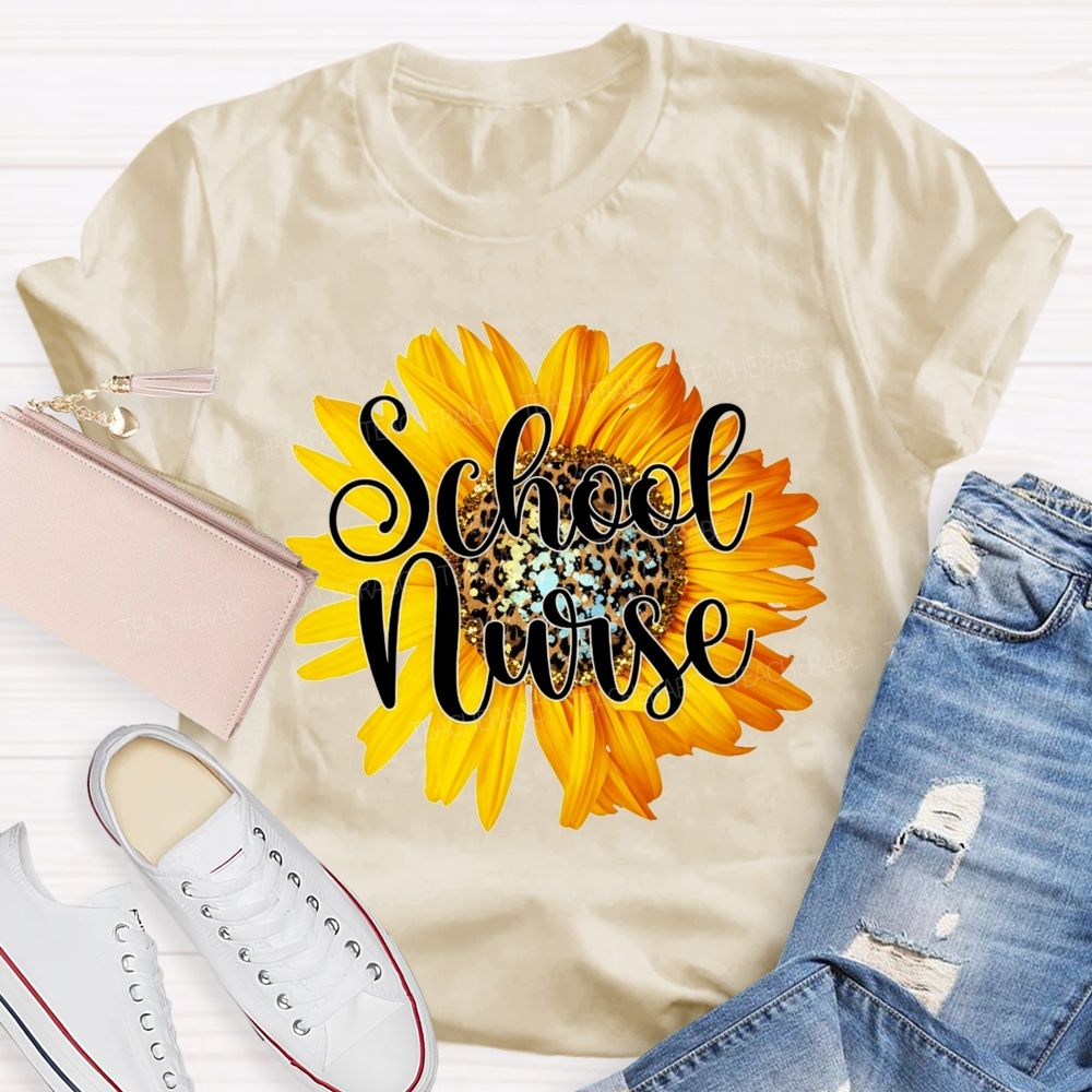 Sunflower Leopard Center School Nurse T-shirt