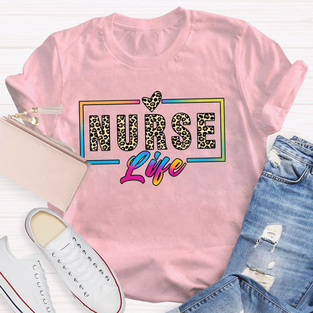 Nurse Life Leopard Print Rainbow Frame T-shirt