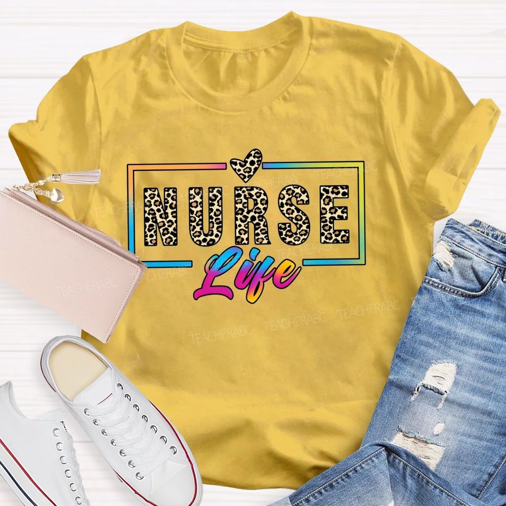 Nurse Life Leopard Print Rainbow Frame T-shirt
