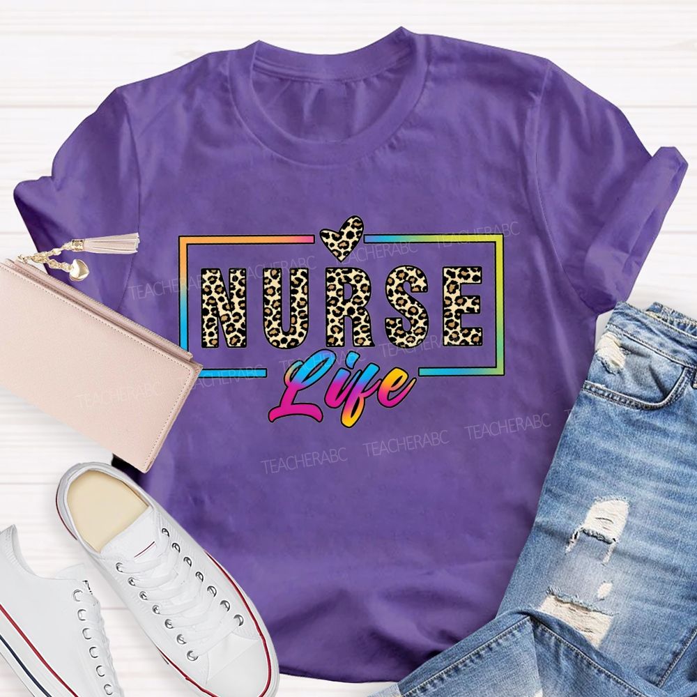 Nurse Life Leopard Print Rainbow Frame T-shirt
