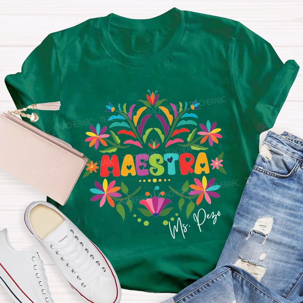 Personalized Name Maestra Floral Bilingual Educator Teacher T-shirt