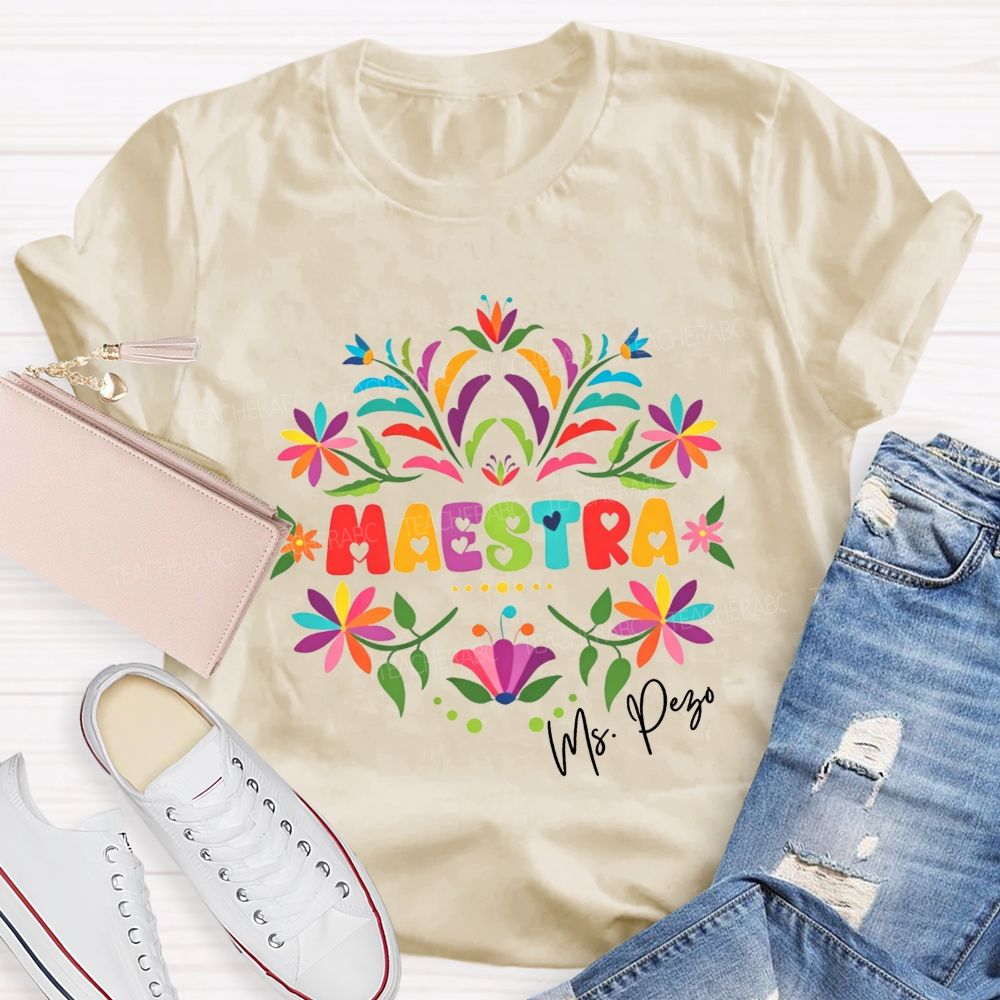 Personalized Name Maestra Floral Bilingual Educator Teacher T-shirt
