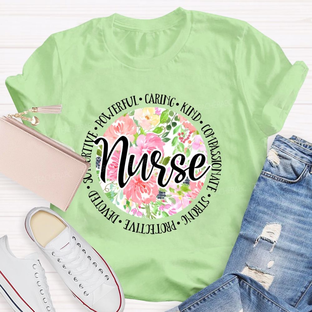 School Nurse Caring Powerful Floral Printed Teacher T-Shirt