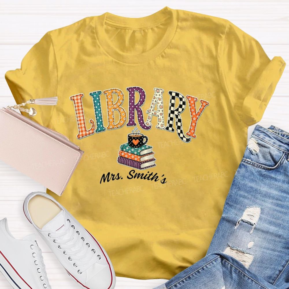 Personalized Name Librarian Retro Plaid And Polka-Dot Print Teacher T-Shirt