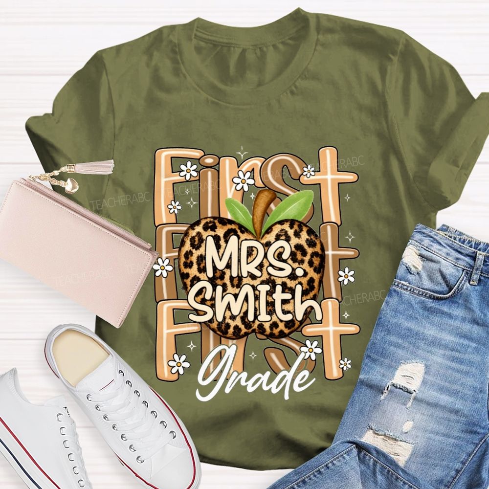 Personalized Name And Grade Leopard Apple Teacher T-shirt